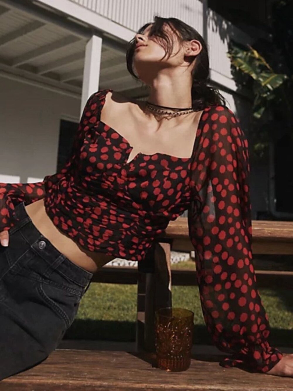 Free People Red Polka Dot Long-Sleeve Crop Top